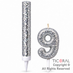 SET BENGALA Y VELA NUMERAL NUMERO 9 CON GIBRE PLATA